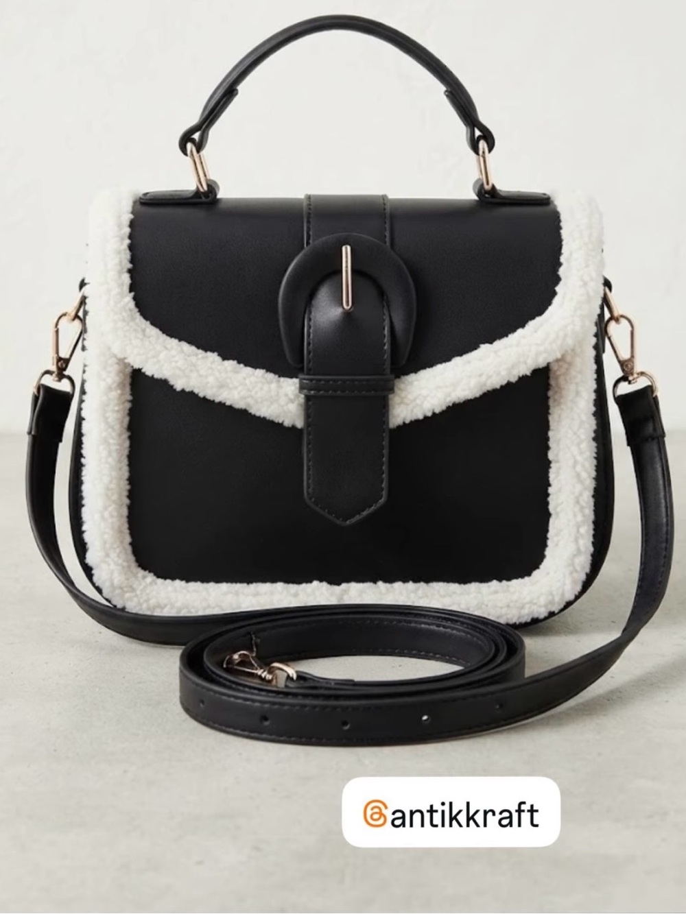 Antik Kraft Black Satchel with White Trim and Gold Hardware